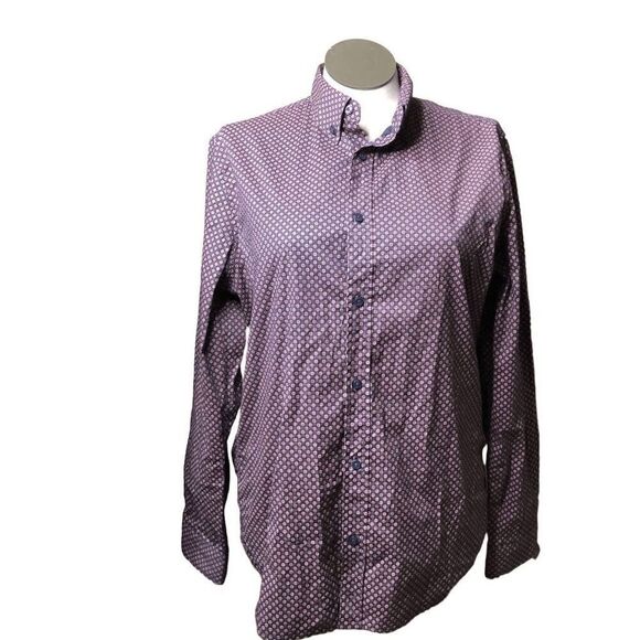 Ben Sherman Mens Button Down Shirt L Navy Blue Long Sleeve Retro Geometric Print - Picture 1 of 7